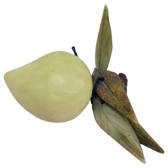 Jade Pear With Forest Green Leaves And Blue Silk Stem  Carved Fruit Decor - Picture 3 of 12